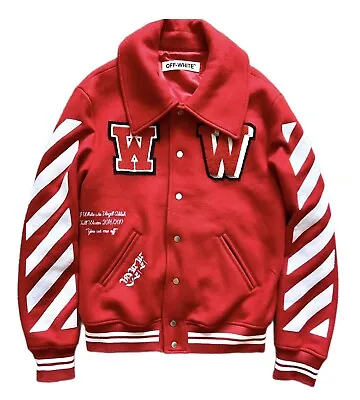 OFF-WHITE™⚡Red Wool Varsity Jacket Chenille Patch Embroidered Arrow Logo Size S • $650