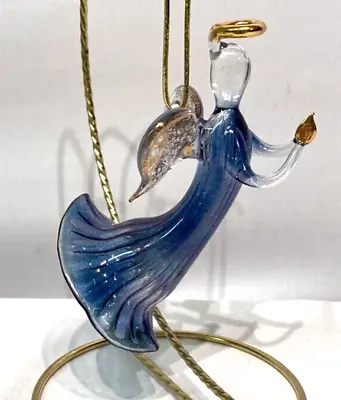 Murano Glass Of Venice Blown Glass Angel Christmas Ornament - Blue & Gold 4.5  H • $79