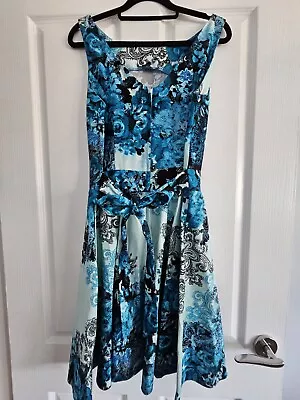 Lady Vintage London Tea Dress Blue White Black Floral Size 14 • $35