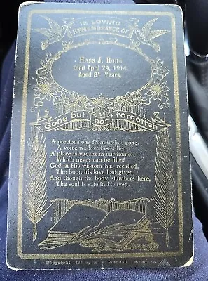 Antique Victorian Mourning Funeral Card 1914 Black Gold Foil 1900s Cabinet Card • $4.99