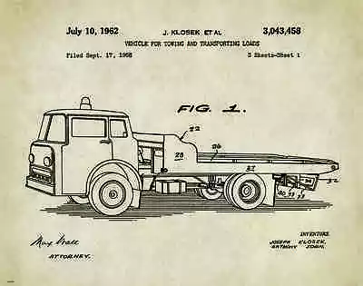 Tow Towing Truck Patent Art Print Vintage Auto Wrecker Toys Office Wall Decor  • $9.95