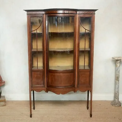 Antique Edwardian Glazed Bookcase Inlaid Mahogany Vitrine Display Cabinet • £380
