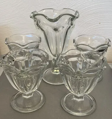 Vintage Heavy Clear Glass Ice Cream Sundae Dishes - Tulip Shaped 1 Tall 4 Short • $20