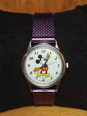 Vintage Silver Tone LORUS Quartz Mickey Mouse Watch NEW BATTERY & PURPLE BAND • $30