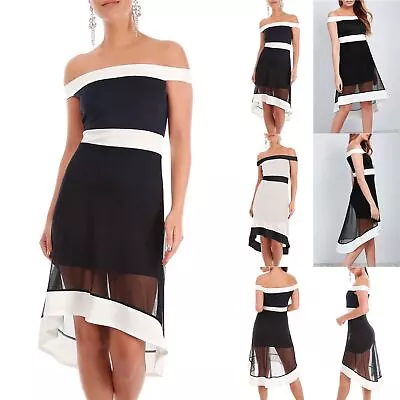 £3.99 • Buy Ladies Womens Bardot Off The Shoulder Contrast Panel Skater High Low Mini Dress