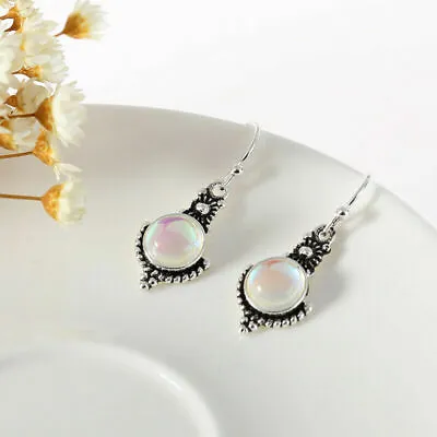 Silver Plated Turquoise Color Moonstone Earrings Hook Dangle Drop Lab-Created  • $3.35