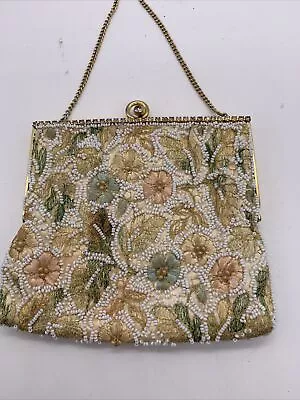 Delill Micro Seed Bead Evening Purse~France Vintage 1950's~Pastel Floral Satin • $45