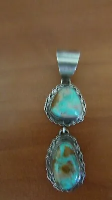 Native American Hachita Turquoise 2-stone Drop Pendant Ornate S/s Beautiful Htf • $299