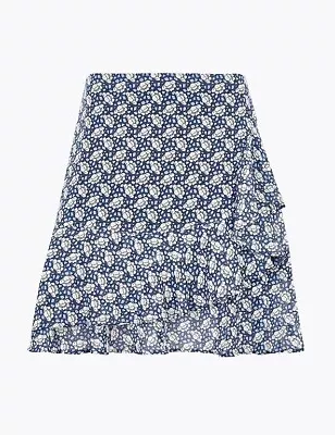 £9.99 • Buy M&S Blue Chiffon Skirt Floral RUFFLE Lined Mini Skirt UK 12