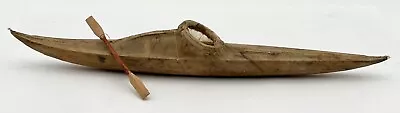 Vintage Inuit Umiak Kayak Boat Model Natural Wood And Animal Hide Skin Oar • $299.95