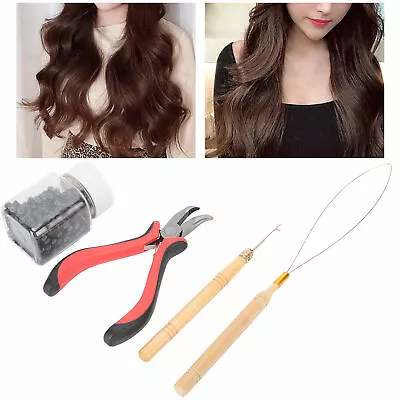 Hair Extensions Pliers Hook Tool Kit For Micro Ring Loop With 500 Silicone Beads • £10.68