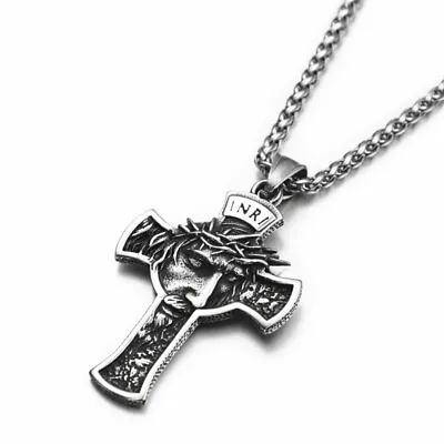  Mens Stainless Steel Jesus Christ Face Crucifix Cross Pendant Necklace • $9.99