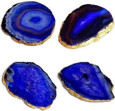 Blue Agate Coasters For Drinks - Set Of 4 - Modern Gold Edge Stone Geode  • $29.95