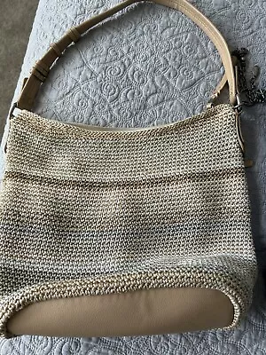 The Sak Sequoia Crochet Hobo Bag Tan Blue Striped Shoulder Bag Purse BOHO EUC • $19.60