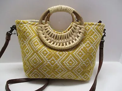 Twig & Arrow Crossbody Bamboo Rattan Top-Handle Yellow White Boho Tote Small NWT • $12.79