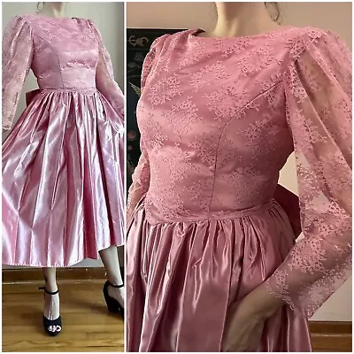 Vintage 80s Dress - Pink Satin Lace Formal Prom Dress - Full Skirt Bow Back • $56