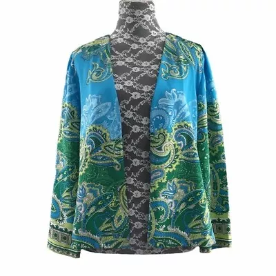 Chico's Jacket Womens Size 0 Small Blue Green Paisley Print Summer Open Front • $15.99