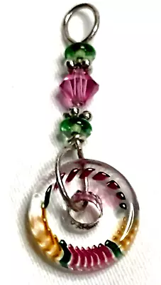 VTG Art Glass Millefiori Pink Green Pendant Zipper Pull Charm Donut Crystal Bead • $12.99