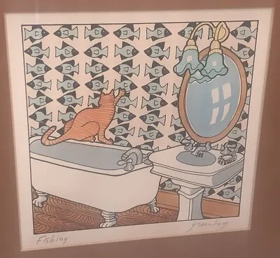 Vtg 1970s Frances Greenberg ‘Fishing’ Cat  Lithograph 11”Sq Framed Pencil Signed • $54.99