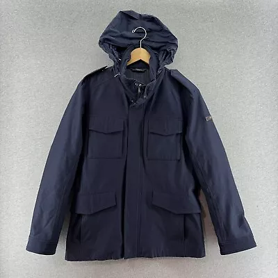 Hackett London Mens Jacket Blue Medium Technical Fabric Rain Pockets Hood • $50.90