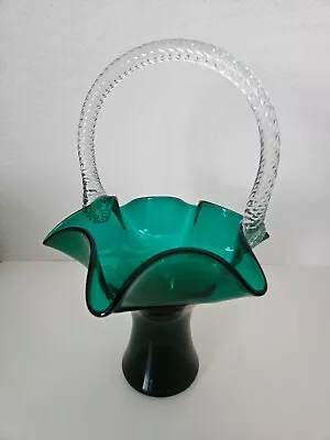 Morgantown Glass PATRICK Basket Flower 8  Stiegel Green Crystal Twisted Reed Hdl • $199