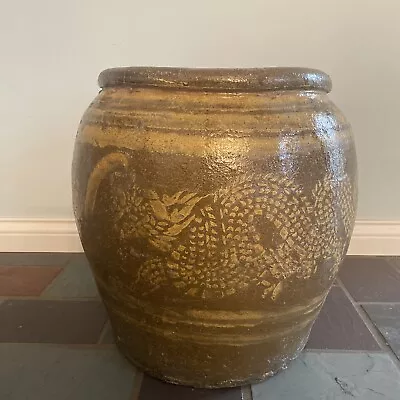 Large Chinese Dragon Martaban Pot Brown Mustard Glaze Earthenware Jar 16.5” • $550