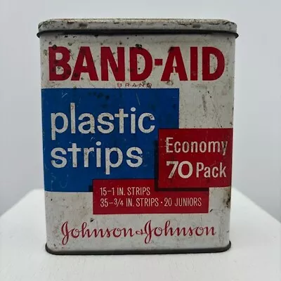 Vintage Johnson & Johnson Band-Aid Plastic Strips Tin Metal Box With Hinged Lid • $12.97