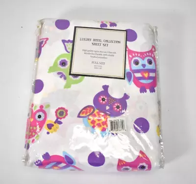 MK Collection 4 Piece Sheet Set Full Size OWl Purple Pink Green White Bedding • $26.99