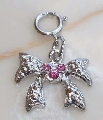 Minnie Mouse 'Bow Charm' STERLING SILVER 'Pink Sapphire' Mickey Ears DISNEY 925 • $4.99