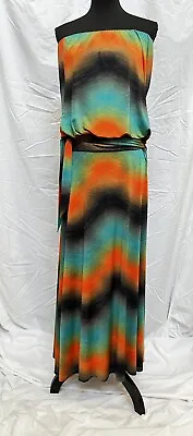 VERONICA M Maxi Dress Strapless Adjustable Drop Waist Orange Black Turquoise L • $25