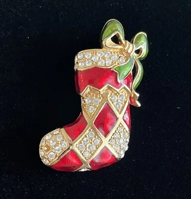 Vintage Monet Christmas Stocking Brooch Gold Tone With Red Enamel & Rhinestone's • $14.99