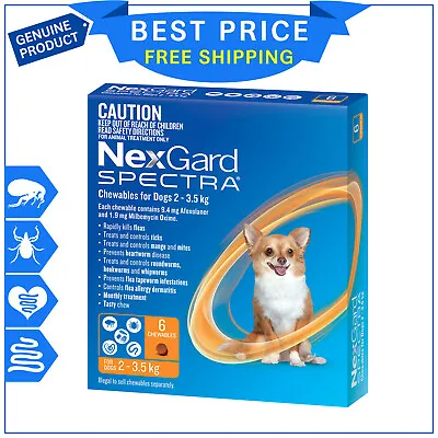 NEXGARD SPECTRA For Dogs 2 To 3.5 Kg ORANGE 6 Chews Heartworm Flea Control • $80.99