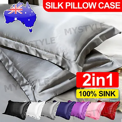 $8.85 • Buy 2in1 Silk Satin Pillow Cases Cover Solid Standard Bedding Smooth Soft PillowCase