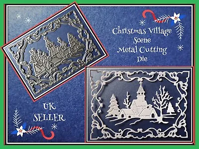 Framed Christmas Scene Metal Cutting Die Church Village Craft Card Making DIY UK • £4