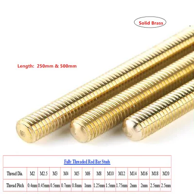 Metric M2-M20 Solid Brass  Fully Threaded Rod Bar Studding X Length 250mm & 500m • £4.19