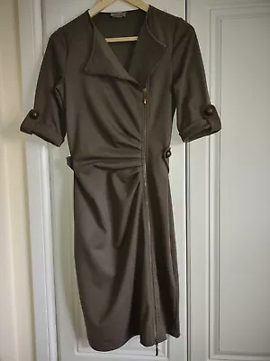 Mandarin Safari Jersey Zip Up Khaki Knee Length Dress - Size 10 • £8