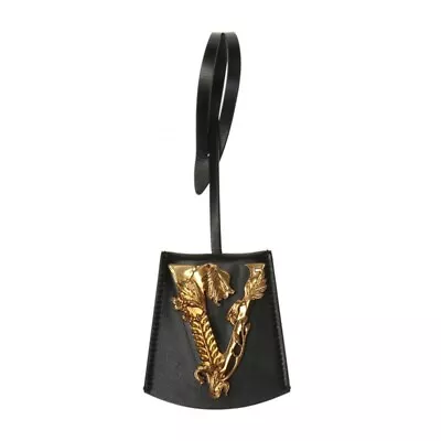 NEW $395 VERSACE Black Leather VIRTUS V LOGO Gold Tone Large BAG FOB KEYRING NIB • $275