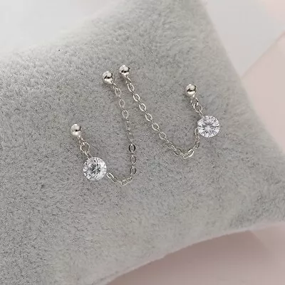 1 Pair Double Piercing Earrings 5mm Mini Cubic Zirconia Chain Stud 3cm Steel • $15.99