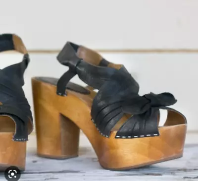 Anthropologie Shoe 7.5 MISS ALBRIGHT TWIST TIE CLOG Platform Sandal Wood Bow NWT • $120