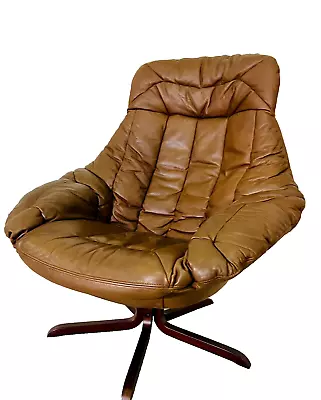 VINTAGE DANISH MID CENTURY BROWN LEATHER SWIVEL CHAIR  BY BRAMIN 1970s • £525