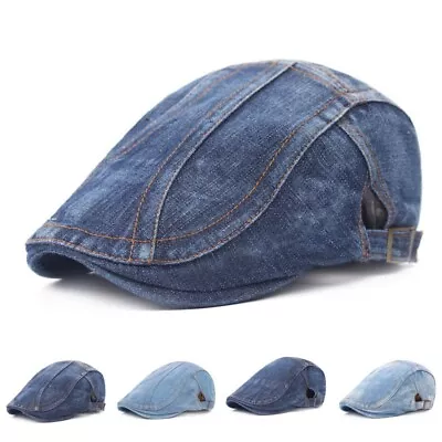 Men Flat Cap Washed Newsboy Gatsby Retro Denim Beret Driving Hat Outdoor Casual • £7.89