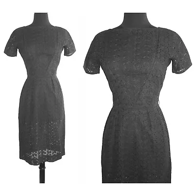 Vintage 1950s L’Aiglon Dress Black Eyelet Hourglass Gown As Is • $80