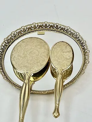 Vintage Matson Vanity 24 KT Gold Plated Floral Vine 3 Pc Mirror Tray Brush Set • $109.99