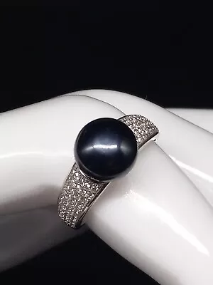 925 Sterling Silver Black Pearl Pave White Sapphire Size 8 Ring • $45