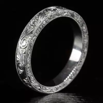 Vintage Style Hand Engraved Wedding Band Stacking Ring Art Deco 14k White Gold • $745