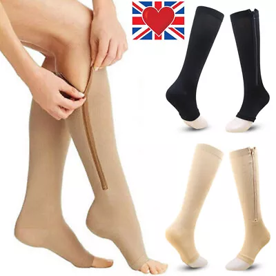 Zip Up Compression Socks High Leg Support Knee Slimming Stocking Open Toe Unisex • £4.99