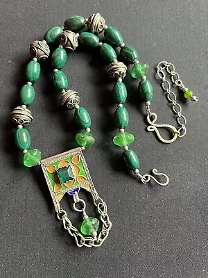 Enameled Hirz Berber Tuareg & Malachite Lace Jasper W/ Vaseline Tagmout Necklace • $239