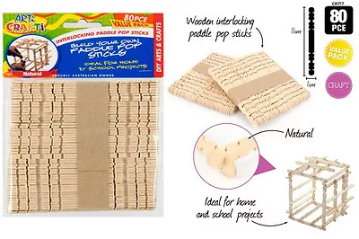 70pcs Natural Wooden Interlocking Jointed Paddle Pop Sticks 11.5cm X 1cm • $4.25