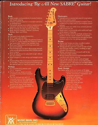 Vtg 70s INTRODUCING MUSIC MAN SABRE MAGAZINE PRINT AD Electric Guitar Pinup Page • $7.99