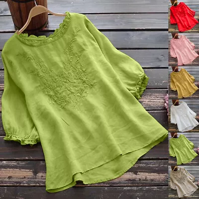 Women's Summer Cotton Linen 3/4 Sleeve Tops Ladies Floral Loose T-shirt Blouse • $15.54